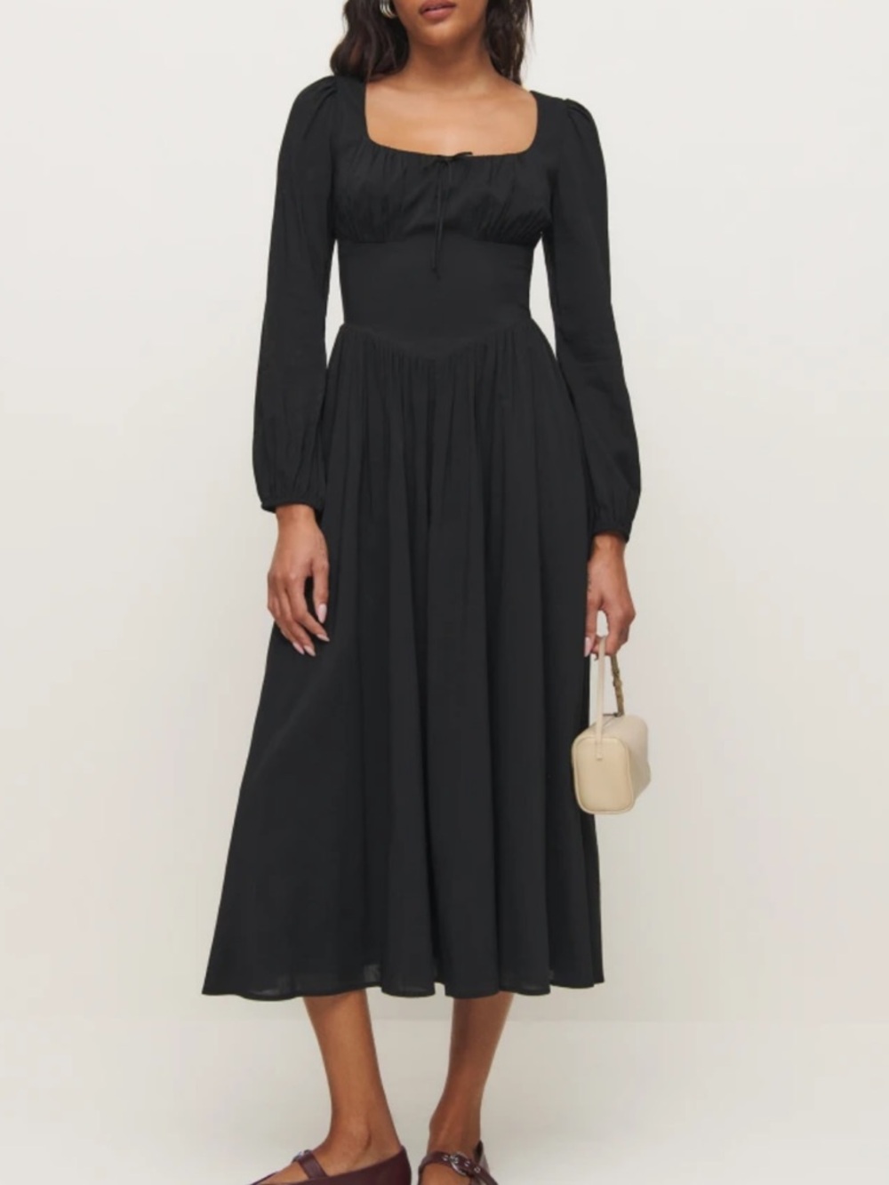 Reformation Oria Midi Dress Long Sleeve Square Neck Drop Waist New 0 Black